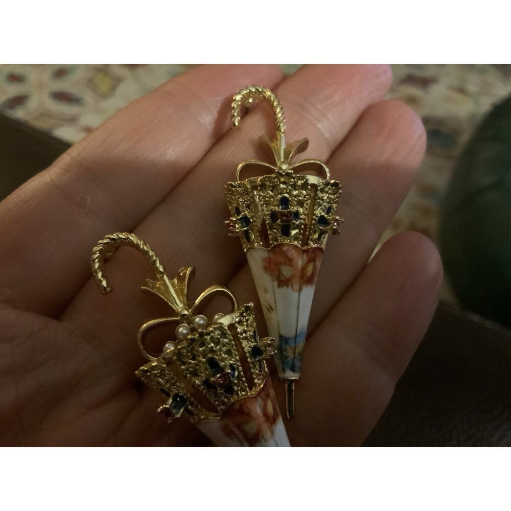 Umbrella Museum Earrings Art Antique VTG CZ Pearl Gold Retro Revival Flower Boho - Picture 7 of 9